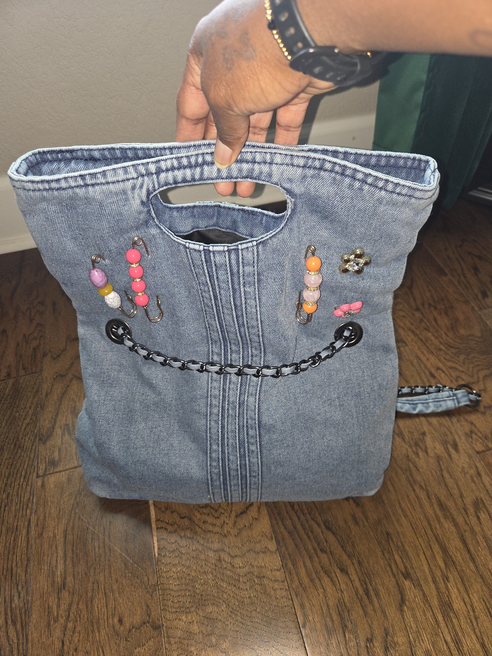 Denim Beaded Tote with Pink & Orange Accents
